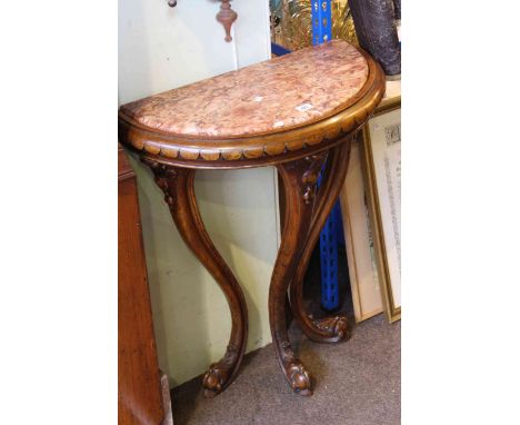 Carved mahogany and marble topped demi lune console table, 62cm by 78cm