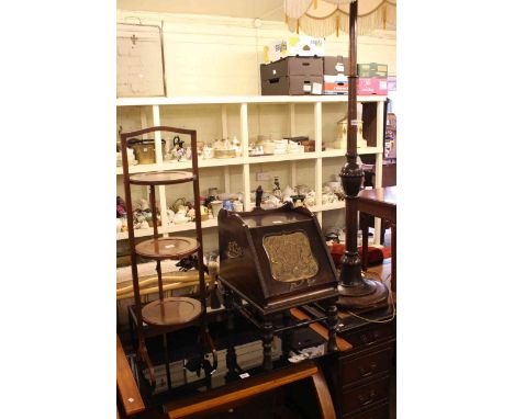 Three tier mahogany folding cakestand, Edwardian coal box, two companion sets and oak standard lamp and shade (5)