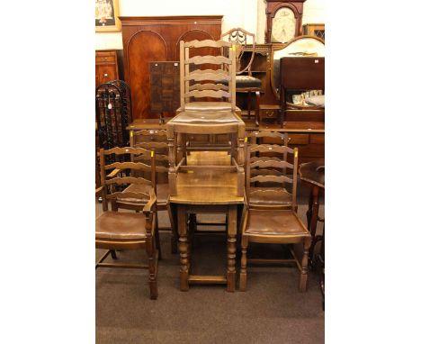 Oak three door sideboard and matching corner cabinet, oak drop leaf dining table and six ladder back chairs including pair ca