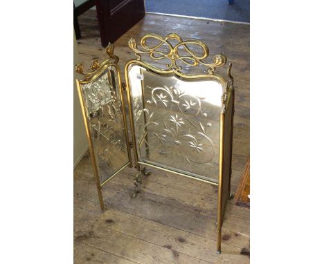 Art Nouveau brass and mirror panelled triple firescreen