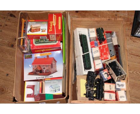 Two boxes of model railway engines, rolling stock, track and accessories