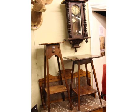 Edwardian oak Sutherland table, inlaid mahogany occasional table, oak plant stand and Victorian wall clock (4)