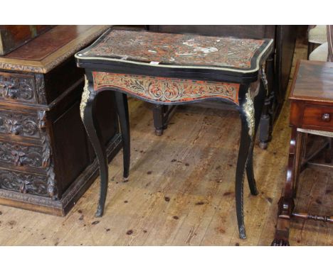 Boulle serpentine shaped fold top card table on cabriole legs