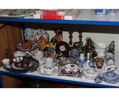 Pottery hen cosy, three pieces of Royal Worcester Prince Regent, oil lamp, various chain and glass, etc