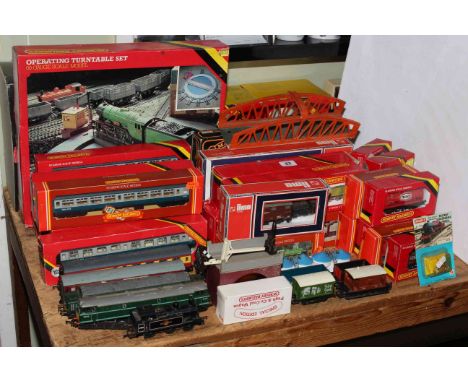 Large collection of model railway equipment including loco's, rolling stock, controllers, operating turntable set, etc