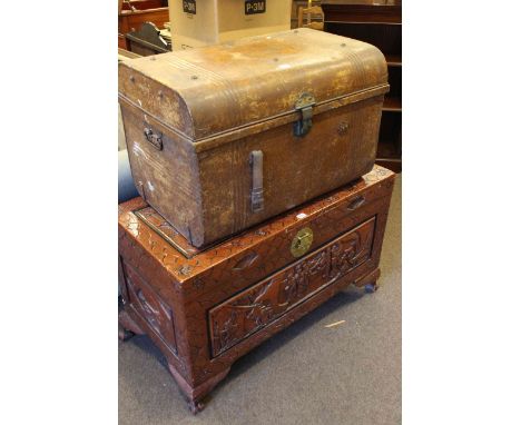 Carved camphorwood trunk and tin trunk (2)