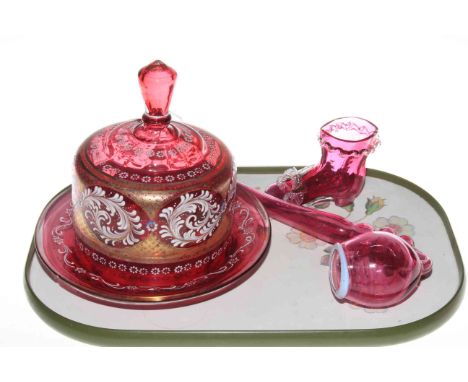 Ruby glass cheese cover and plate, pipe and shoe ornament