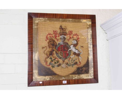 19th Century woolwork and beadwork panel depicting The Royal Coat of Arms, in mahogany frame, 61.5cm by 62cm overall