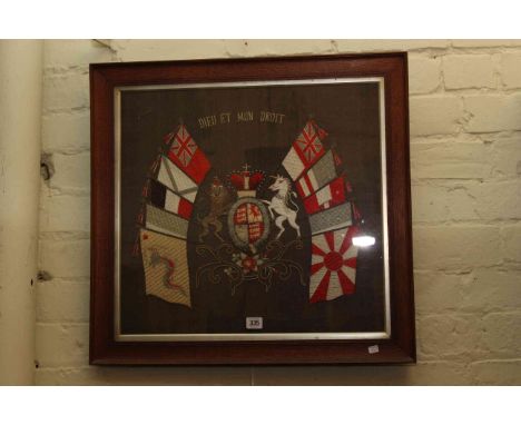 Embroidered Trapunto of the Royal Coat of Arms, in oak frame, 61cm by 64cm overall