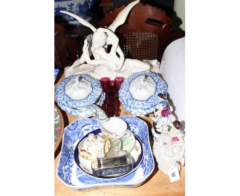 Pair of blue and white tureens, Copeland bowl, amethyst glass tots, figures, etc