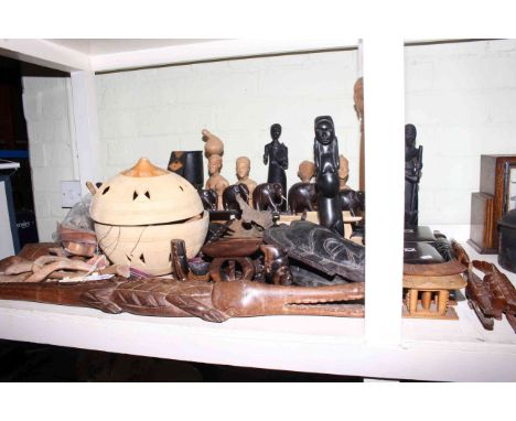 Large tin trunk, African carved panel, various wood carvings, bridge of elephants