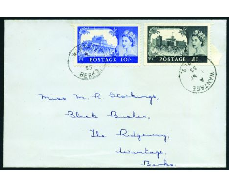 1955 Waterlow 10/- and £1 on plain neat hand-addressed envelope, Wantage CDSs I SP 55 (First Day). Some slight imperfections 