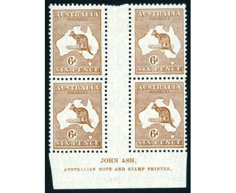 1929 6d chestnut watermark 7, mint John Ash imprint block of four hinged on selvedge and one stamp only, light fold up interp