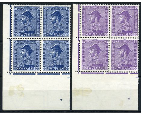 1926 2/- deep blue and 3/- mauve on Jones paper, mint lower left corner blocks of four, each hinged on the front of the selve