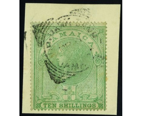 Postal Fiscals. 1858 10/- green on bluish paper, tied to piece by slightly unclear squared circle cancel, some very light fox