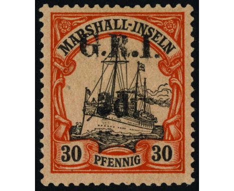1914 G.R.I./3d surcharge on Marshall Islands 30pf mint, fine save for a pinhole.  SG 55 (£475)