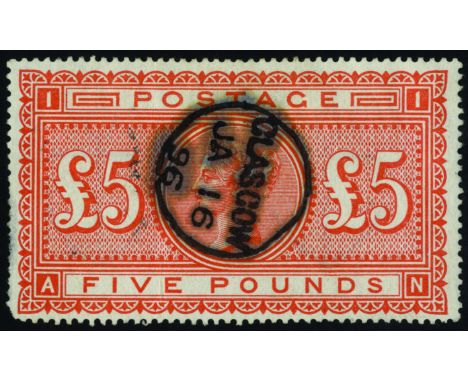 1867-83 £5 orange watermark Anchor on white paper, thinning and perf faults at left and a light vertical crease.  Good colour