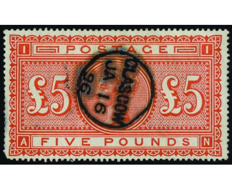 1867-83 £5 orange watermark Anchor on white paper, thinning and perf faults at left and a light vertical crease.  Good colour