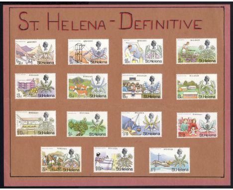 1968 definitive set of fifteen, affixed to card for display at the Post Office.  Each with a tiny SPECIMEN handstamp in black