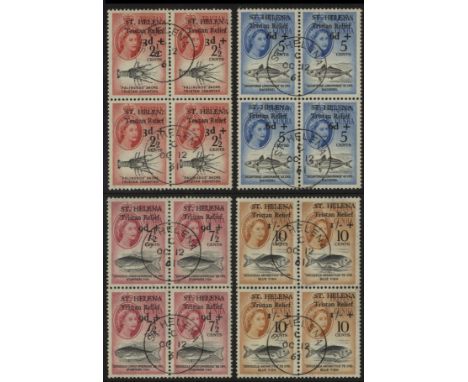 1961 Tristan Relief Fund set in used blocks of four, CTO'd (with gum), each horizontal pair sharing a 12 OC CDS (first day of