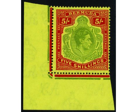 1944 (May) 5/- corner example, centred right, with HPF #49a sliced scroll and the major #49b 'missing pearl', unmounted mint.