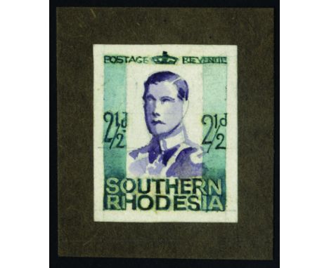 1937 artwork by Hugo Fleury (Waterlow staff artist) for a 2½d value in violet, green and white, stamp-sized and affixed to sm