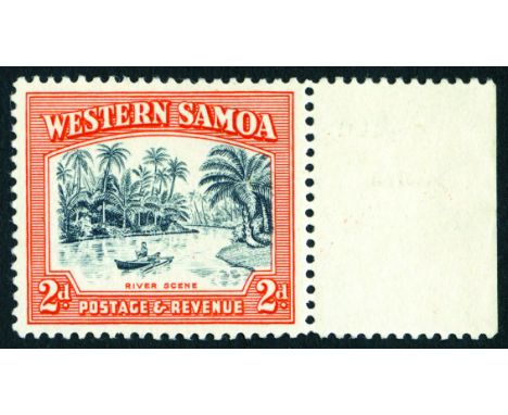1935 2d black and orange, perf 14. Mint marginal example with watermark inverted but, sadly, thinned. The first example we ha