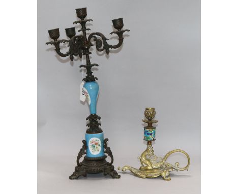 A Sevres style porcelain and gilt metal candelabrum and brass and ceramic dragon chamberstick tallest 47cm