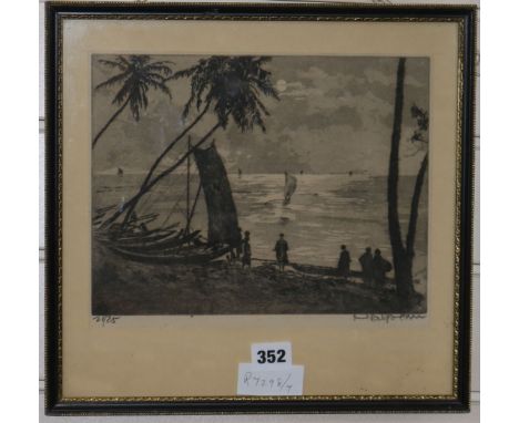 Frederick Halpern, etching with aquatint, coastal scene, Colombo from Mount Lavinia, signed, 21/25, 8 x 10in.