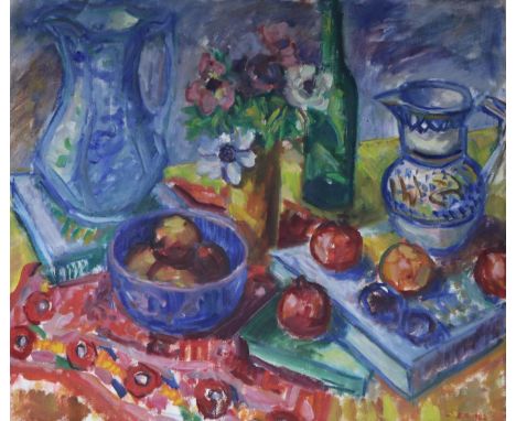 E. G., oil on canvas, table top still life, signed and dated 1982, 24 x 28in.