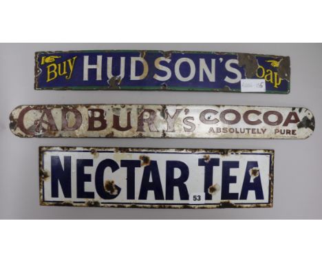 Three enamel advertising signs 'Cadbury's Cocoa', 'Nectar Tea' and Hudson's Soap longest 61cm