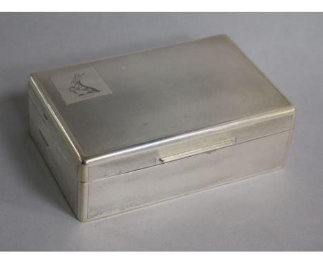 A late 1950's engine turned silver rectangular cigarette box, Mappin & Webb, 1959, 14cm.