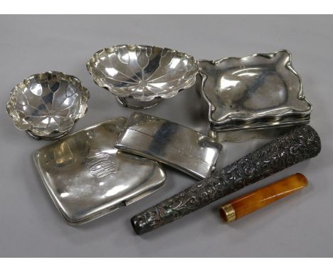 An Edwardian silver trinket box, a silver card case, silver cigarette case, two Chinese dishes, a cane handle and cigarette h