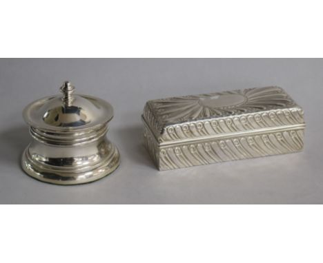 A late Victorian repousse silver rectangular trinket box, William Comyns, London, 1892 and a later silver inkwell, box 14.1cm