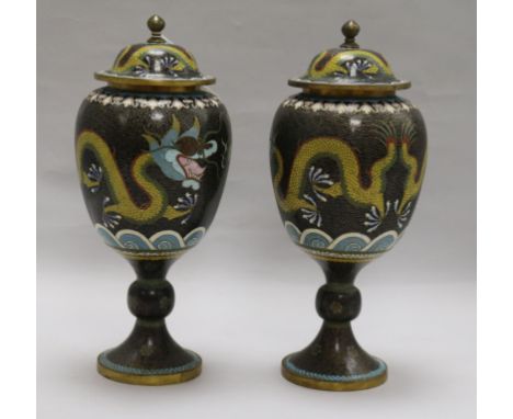 A pair of Chinese cloisonne enamel 'dragon' jars and covers, c.1923 total height 30cm