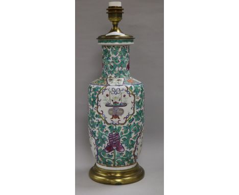 A 19th century Chinese famille rose rouleau vase, converted to a lamp