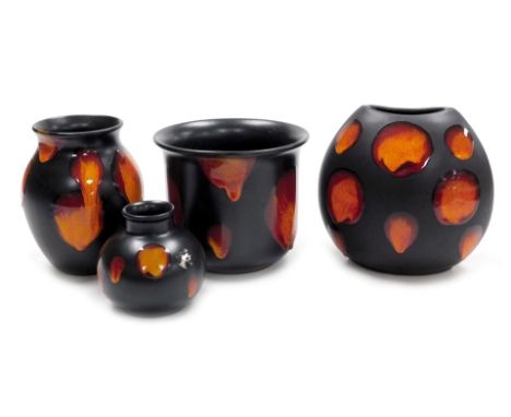 A group of Poole pottery Galaxy wares, comprising three vases, 18cm, 16.5cm and 10cm high, together with a jardiniere, 15cm h