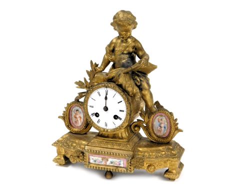 A late 19thC porcelain and gilt metal mantel clock, for R &amp; G, Paris and London, circular enamel dial bearing Roman numer