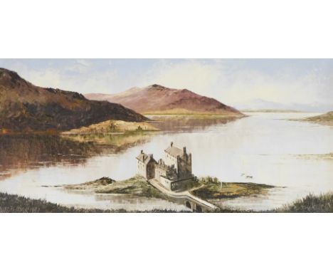 Dallas K Taylor (British, B.1941) Eilean Donan Castle, oil on canvas board, dated 1987, titled verso, 29.5cm x 59.5cm.