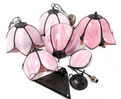 Four Tiffany style ceiling lights, with pink and white marbled effect shades, together with a similar wall light. (5)