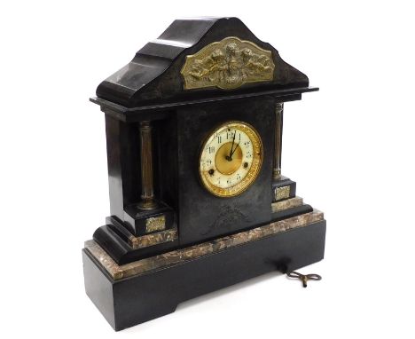A Victorian slate and marble mantel clock, circular brass dial with enamel chapter ring bearing Arabic numerals, eight day mo