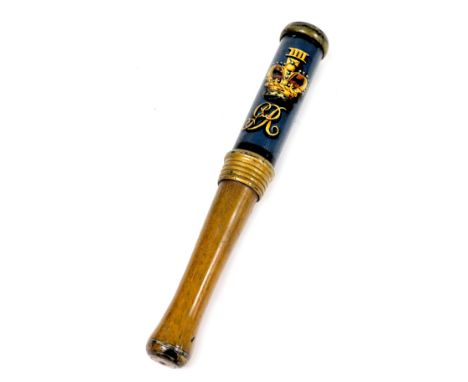 A George IV wooden tipstaff, bearing the crown and cypher, beneath the Roman numerals IIII, on a blue ground, 28cm high.