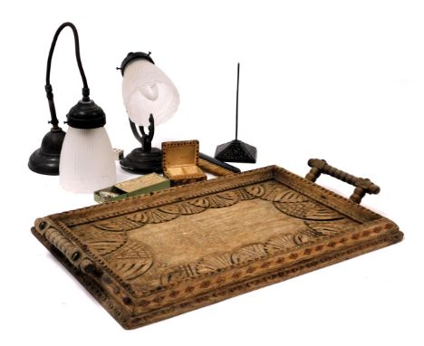 An Arts and Crafts style light oak twin handled tray, with carved decoration, a Victorian wall light with a frosted glass sha