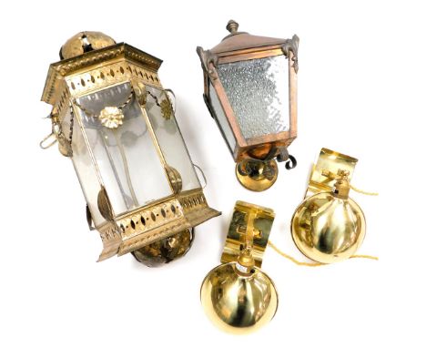A brass and yellow metalled tin lantern, of hexagonal form, 43cm high, an exterior copper wall lantern, with textured glass p