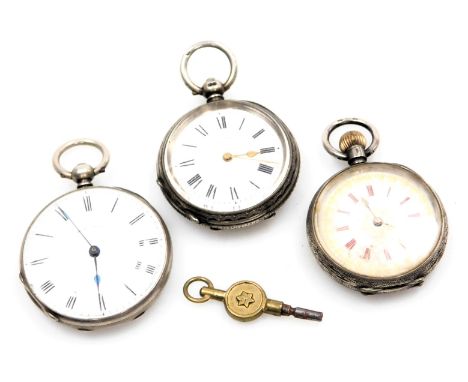 Three early 20thC lady's silver cased pocket watches, two keywind, all open faced, with dials bearing Roman numerals, one nam