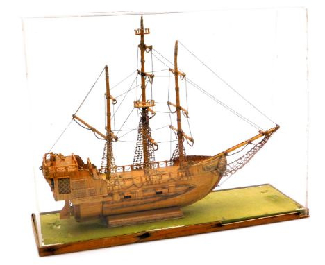 A vintage matchstick model of the sloop HMS Helena, formerly HMS Atalanta, fourteen gun, in a perspex case, case 54.5cm wide.