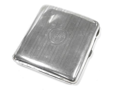 A George V silver cigarette case, with engine turned decoration, circular reserve monogram engraved, Birmingham 1913, 3.82oz.