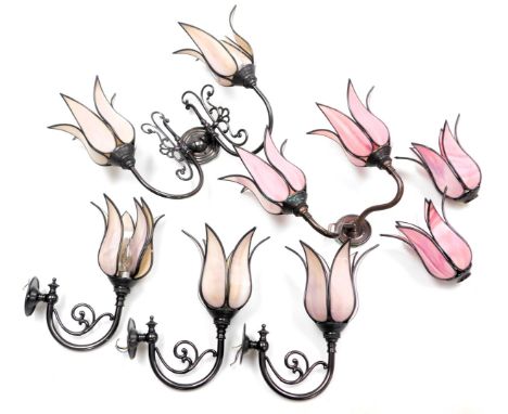 A Tiffany style twin branch wall light, with purple and white opalescent floral shades, 31cm high, three single shades, 28cm 