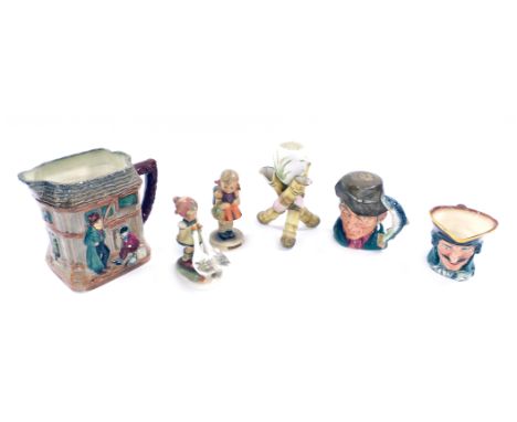 A group of English ceramics, including a Royal Doulton Oliver Twist Dickens series water jug, Dick Turpin character jug, two 