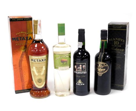 A bottle of Zubrowka vodka, 700ml, together with a bottle of Velhotes tawny port, bottle of Blandy's ten year old Malmsey Mad